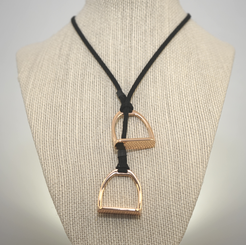 Large Rose Gold Double Stirrup Black Suede Necklace