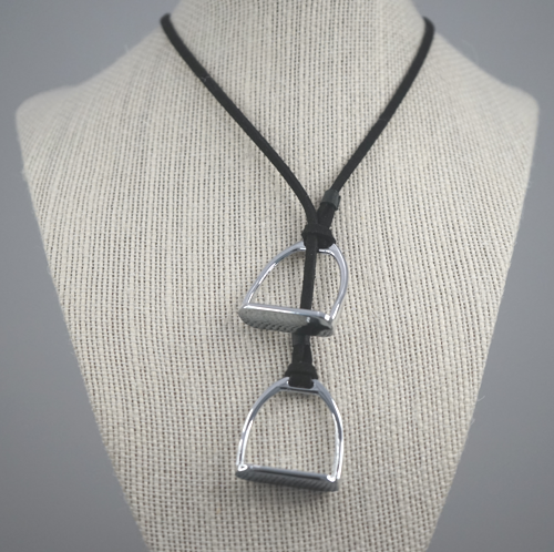 Large Silver Double Stirrup Black Suede Necklace