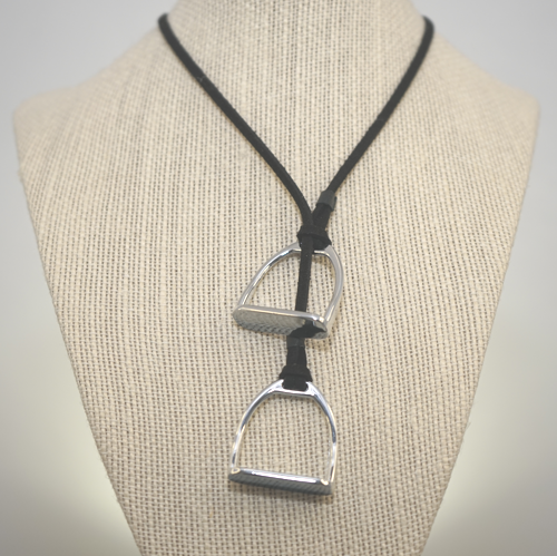 Large Silver Double Stirrup Brown Suede Necklace