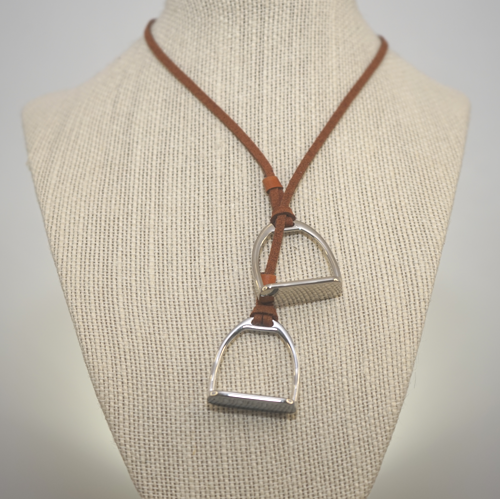 Large Silver Double Stirrup Tan Suede Necklace